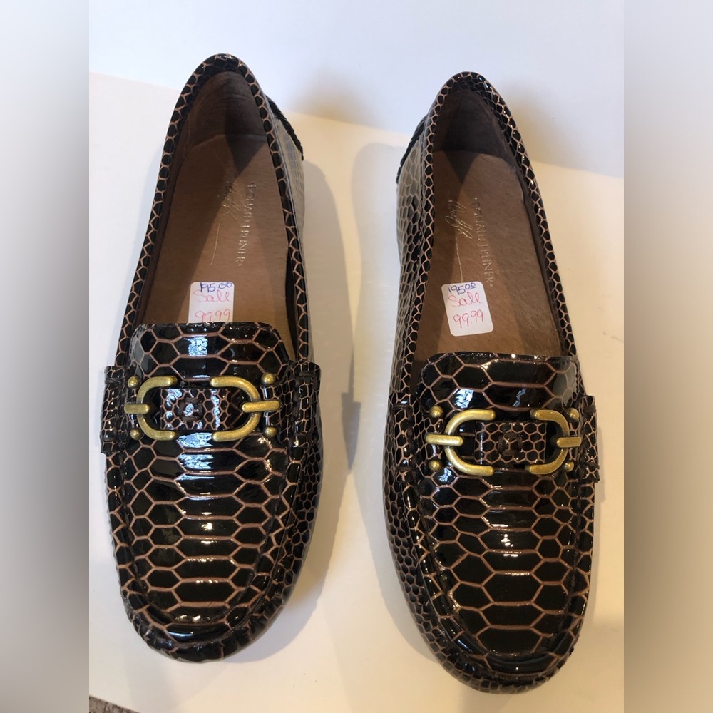 New DONALD J PLINER Womens Leather Loafers Slip On Buckle Croco Viky Brown 6M